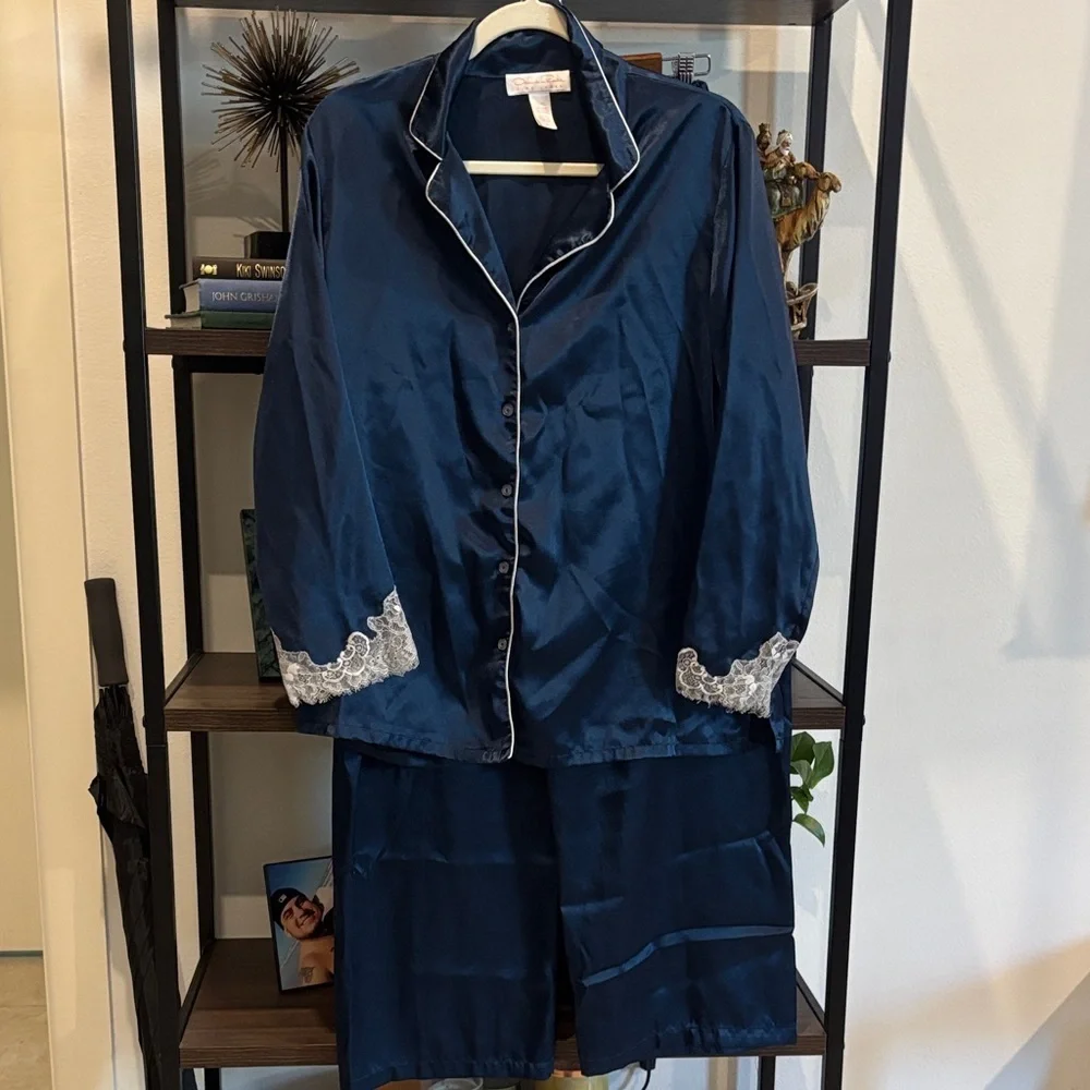 Oscar de la Renta Midnight Blue Satin Pajama Set Large - Picture 1 of 11